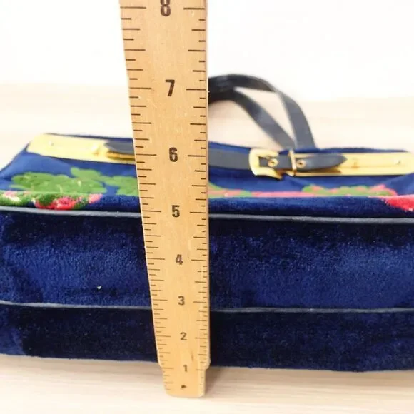 1970s VINTAGE Roberta Di Camerino Bag Flower Navy Devore Gold Belt Bagonghi RARE